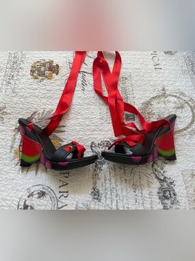 NEW Pancaldi Made in Italy Watermelon Ribbon Tie Heels EU 37 Statement Shoes